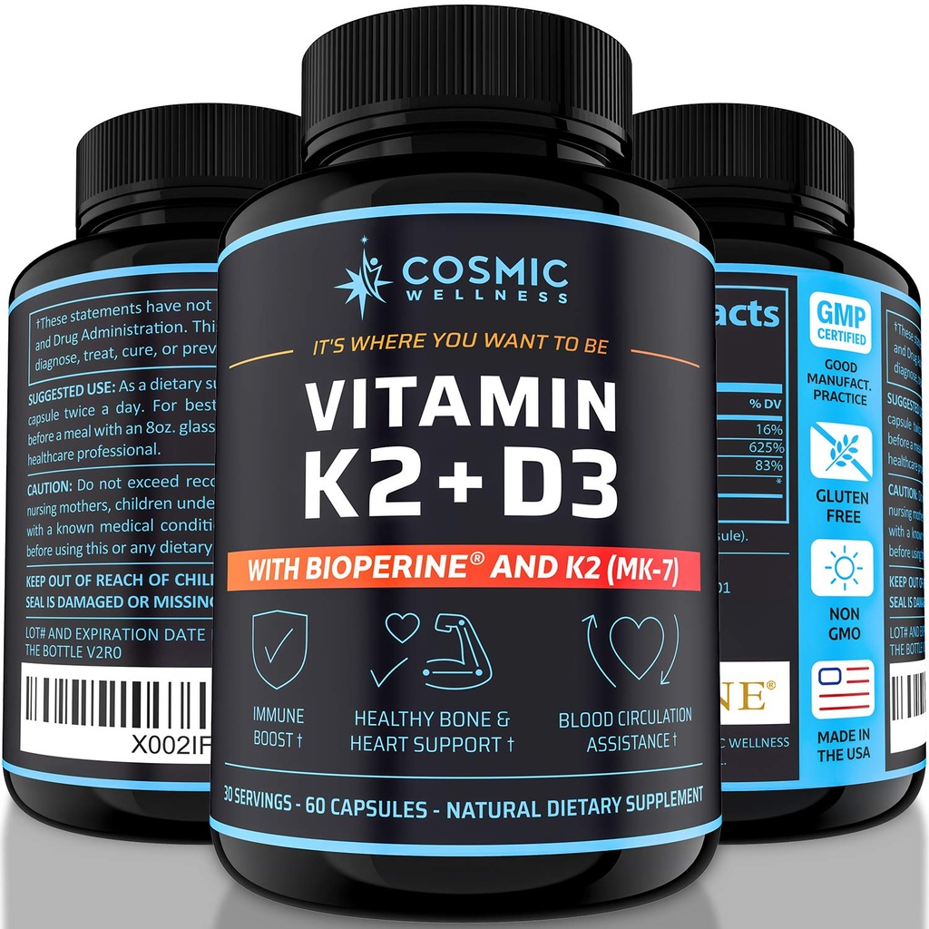 K2 D3 supplemento di vitamina 5000 Iu - per le ossa più sane, sangue, cuore e migliore immunità - aumento dell'assorbimento del calcio con bioperina - 100% naturale e privo di allergeni - vitamina D3 K2 Mk7 5000 Iu