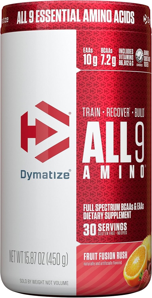 Dymatize All9 Amino, 7.2g di BCAA, 10g di aminoacidi essenziali di spettro pieno per servire per il recupero e la sintesi proteica del muscolo, ruggine di fusione di frutto, 30 Serve, 15.87 Oncia