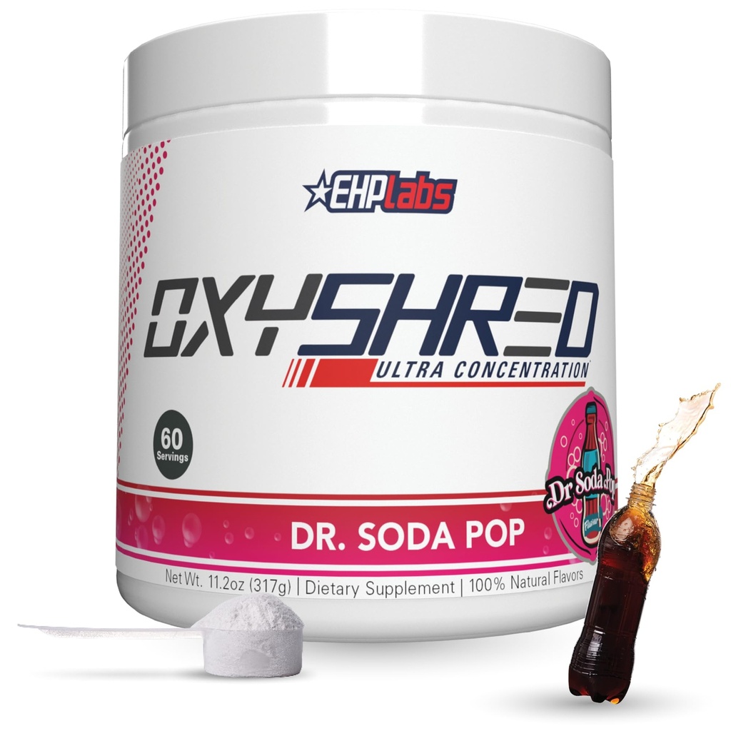 EHP Labs OxyShred termogenic Fat Burner - Polvere pre-allenamento con L-Glutamina, Acetyl L-Carnitina, Metabolismo Booster, Perdita di peso, Controllo appetito, Energy Drink, Dr. Soda Pop, 60 Servings