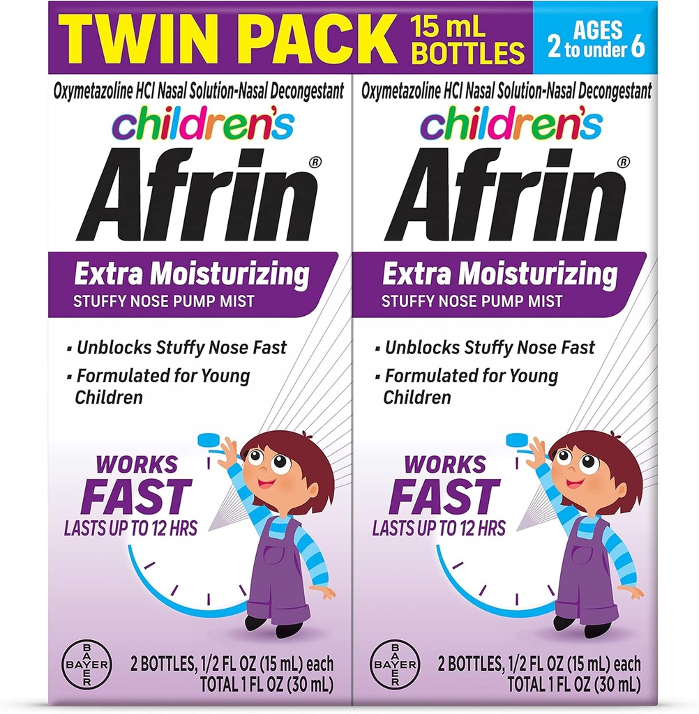 Afrin Mist Nasale Extra idratante per bambini, Non-Drowsy, Decongestant ad azione rapida per fino a 12 ore Rilievo di Noso Soffitto, Bambini età da 2 a 6, .5 fl oz (Pack of 2)