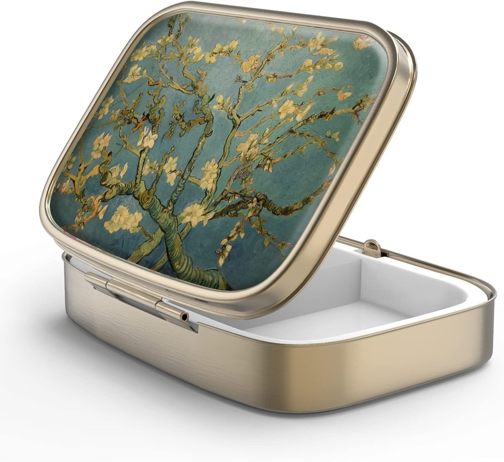 Pillola Case Pill Box con specchio retro 2 scomparti Piccolo caso Pillola per borsa o tasca Bronzo Box rettangolare o Vitamine, Olio di pesce, Supplementi, Pillola Containe Regali di viaggio (Vangogh Art)