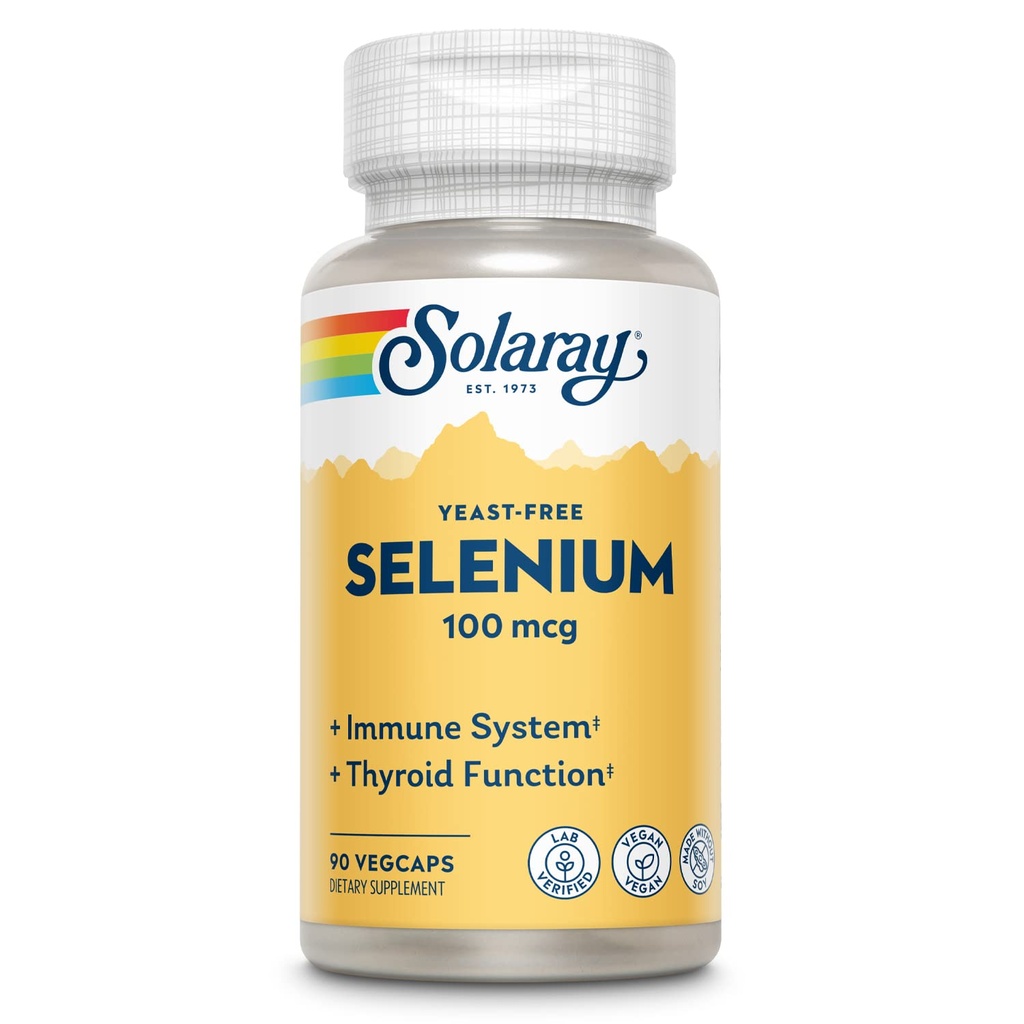 SOLARAY Selenium 100 mcg supplemento per le donne e gli uomini - Selenium 100mcg capsule, tiroide e assistenza sanitaria immunitaria, lievito libero, L Selenomethionine, supporto antiossidante, Vegan - 90 tappi di veg