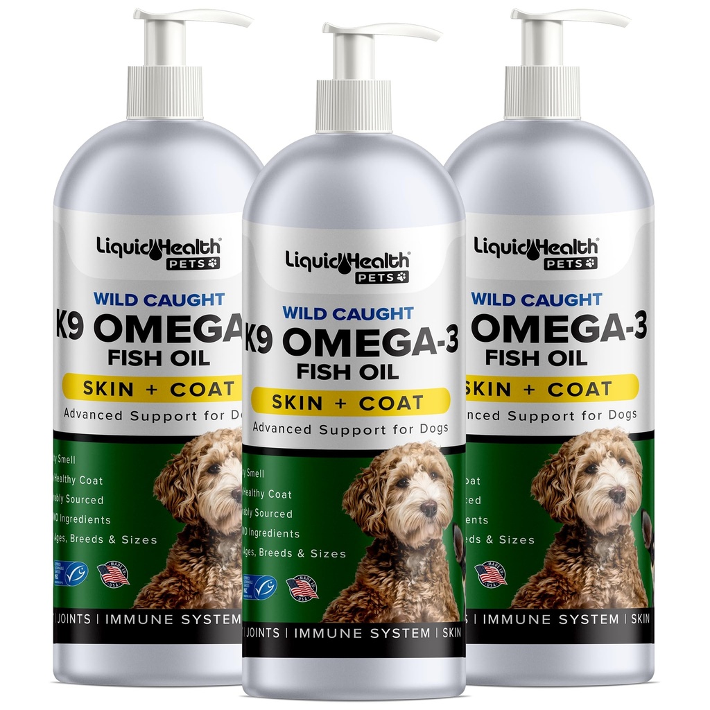 Liquid Health Pets K9 Omega 3 Fish Oil for Dogs - Liquid Omega 3 Supplemento per gli animali con EPA + DPA + DHA - Ridurre il prurito & Shedding, Support Joints, Immunità, cervello, salute del cuore - USA Made (3 Pack)
