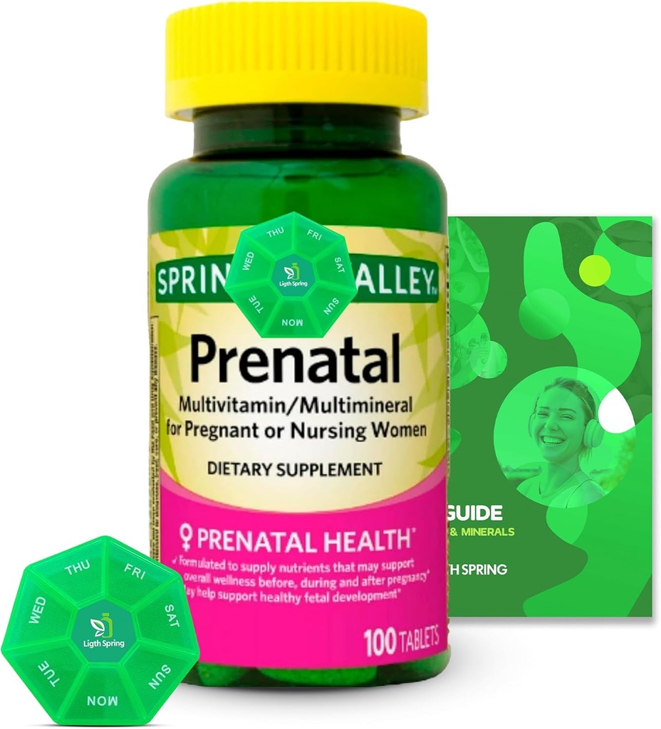 Prenatale Multivitamin/Multimineral 100 Compresse con Bundle Esclusive Vitamine & Minerali - A a Z -Better Ligth&Spring Guida + Organizzatore settimanale di pillole (3 voci)