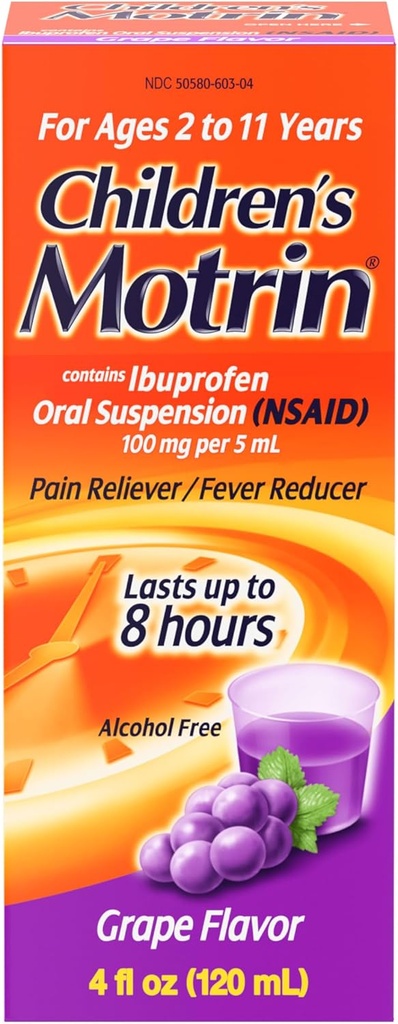 Motrin oral Sospensione, Rilievo Del Dolore, Ibuprofene, Uva aromatizzata, 4 Oz