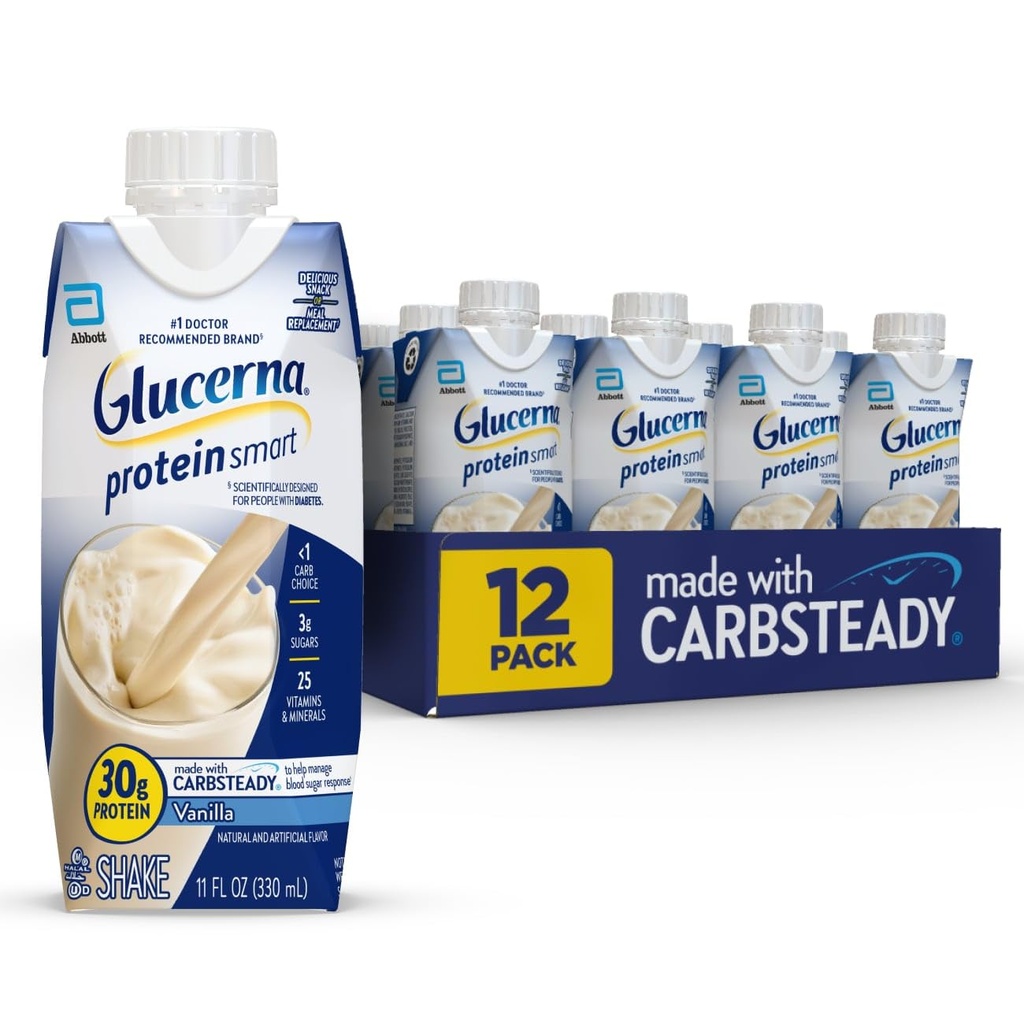 Glucerna Proteine Smart Diabetes Care Shake, Vanilla, Sostituzione del meal diabetico per sostenere la gestione dello zucchero nel sangue, 30g Protein, 150 Calories, Pronto per bere, Bottiglia 11-fl-oz, 12 Pack