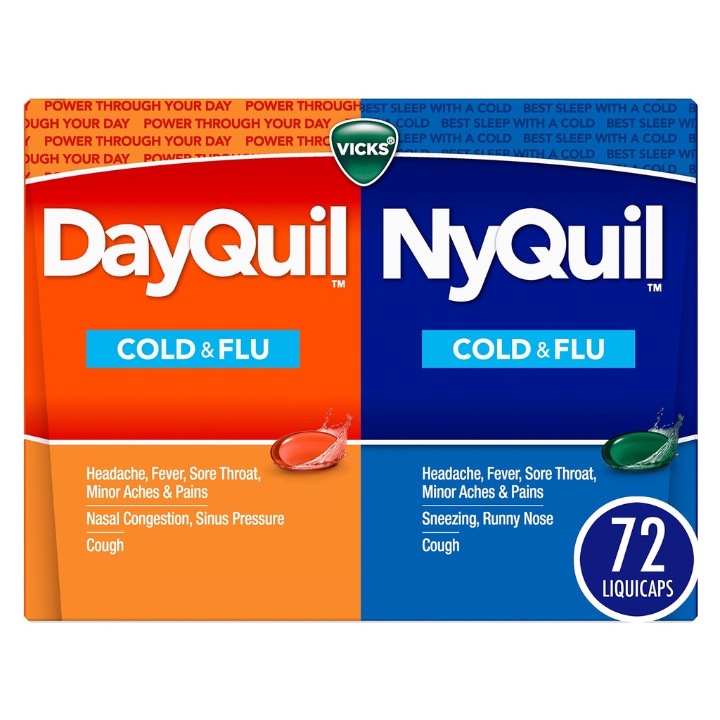 Vicks DayQuil & NyQuil Co-Pack, Cold & Flu Medicine, Potente Multi-Symptom Daytime & Nighttime Relief per Headache, Fever, Sore Throat, Minor Aches & Pains, & Cough, 72ct