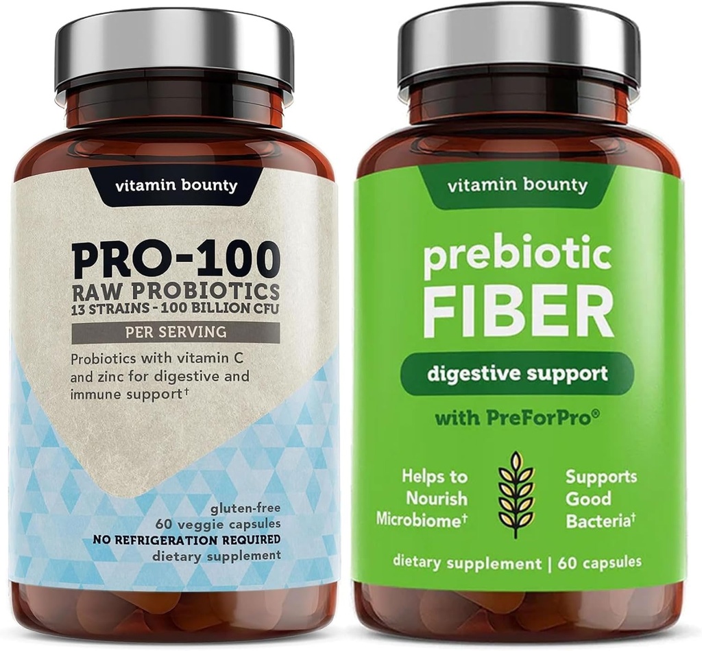 Vitamin Bounty Pro-100 Probiotics & Prebiotic Fiber Bundle: Ultimate Gut Health Support con 13 Strains, 100 miliardi di CFU, Zinc & Vitamina C, Delayed Release Capsules - 90 Capsule