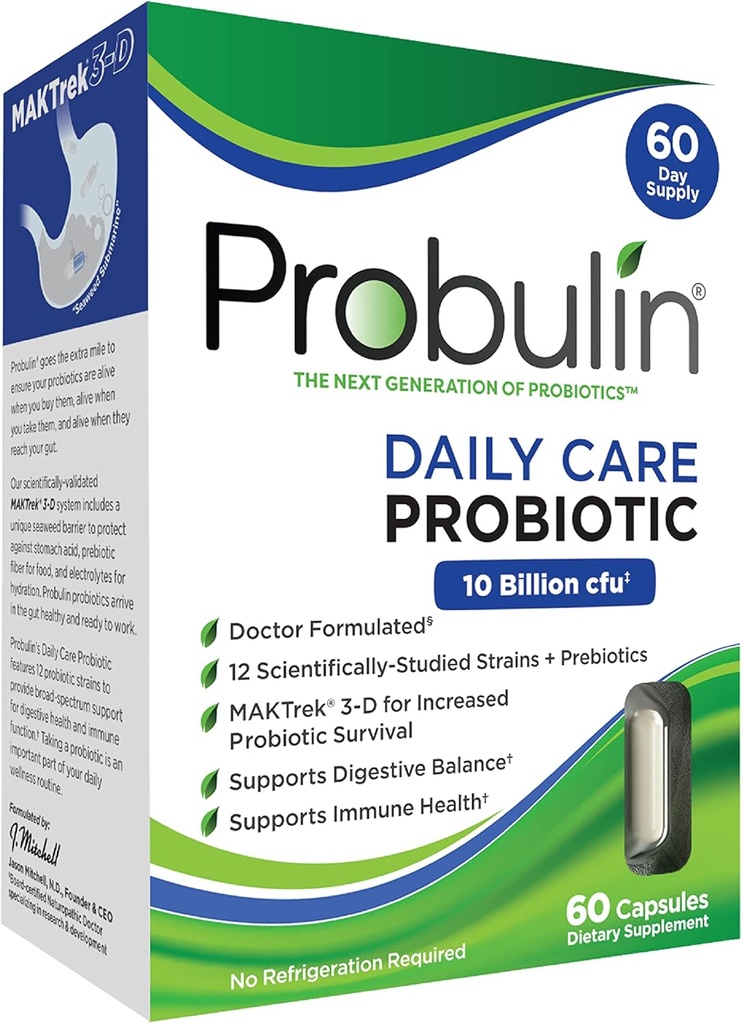 Probulin Daily Care Probiotic Supplemento, Digestivo, Gut e Immune Health Support Capsule per Uomini e Donne, 10 miliardi di CFU, Vegan, 60 Count Box