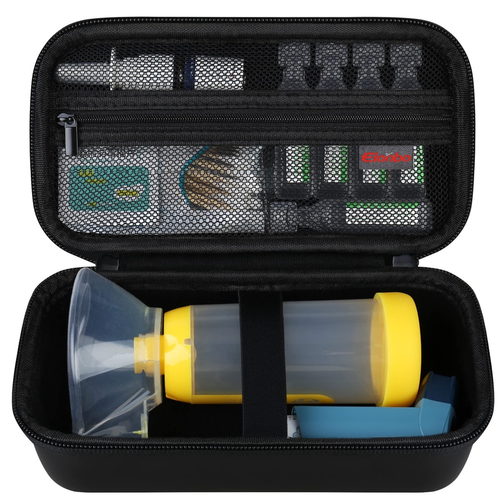 Elonbo Carrying Case per Asthma Inhaler, Inhaler Spacer per bambini e adulti, Maschere, Inhaler Holder Asthma Travel Organize Bag, Pocket Fits Allergy Meds, Ventolin Inhaler, Nero (solo cassa)