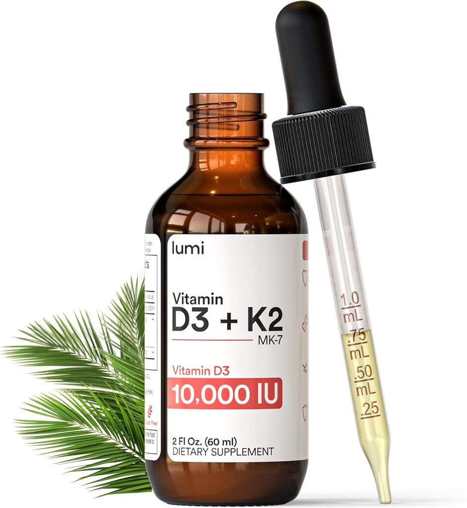 lumi Vitamina D3 K2 MK7 w Palm MCT olio - 10000 UI D3, 200 mcg K2 MK7-60ml Assorbimento Liposomico Gocce liquide sublinguali - Non OGM, Vegan, Liquido non aromatizzato - Alimentazione mensile - 2 Fl Oz