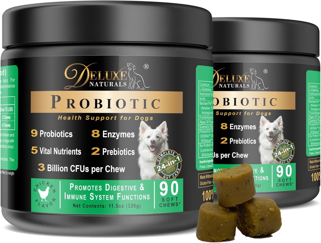 Probiotici per cani | Integratore probiotico per cani all-Natural con enzimi, prebiotici, zucca | Promuovere la salute digestiva, Migliorare l'allergia e l'immunità, 180 Conteggio (Pacchetto di 2 x 90 ct)