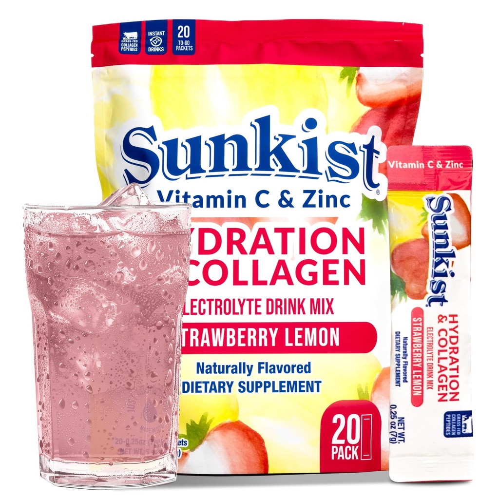 Il chicco congelato Sunkist Collagen Drink Mix - Hydration Strawberry Lemon Electrolyte Drink per le donne con vitamina C, Zinco, Peptidi di collagene, naturalmente aromatizzato - 20 Pack