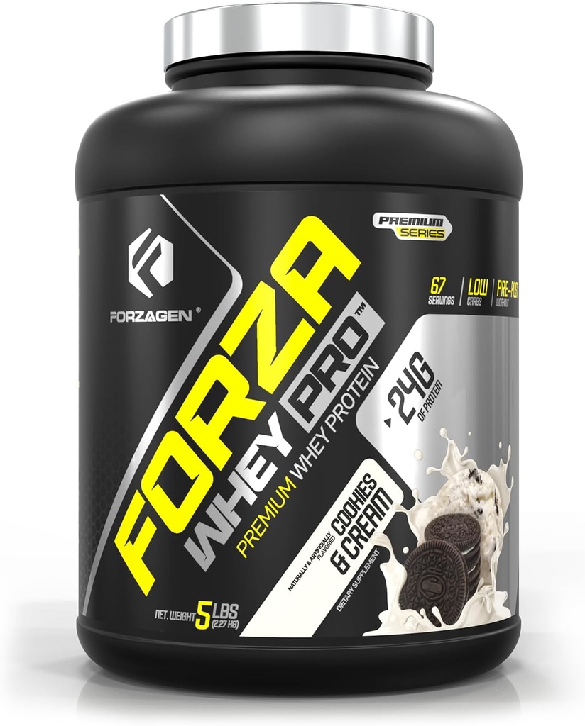 Forzagen Whey PRO Polvere proteica a basso contenuto di carboidrati | 24g di proteine per porzione, Low-Sugar, Whey Premium per Shakes & Mixs per uomini e donne, BCAA | Cookies & Cream, 5 lbs. (67 Serve)