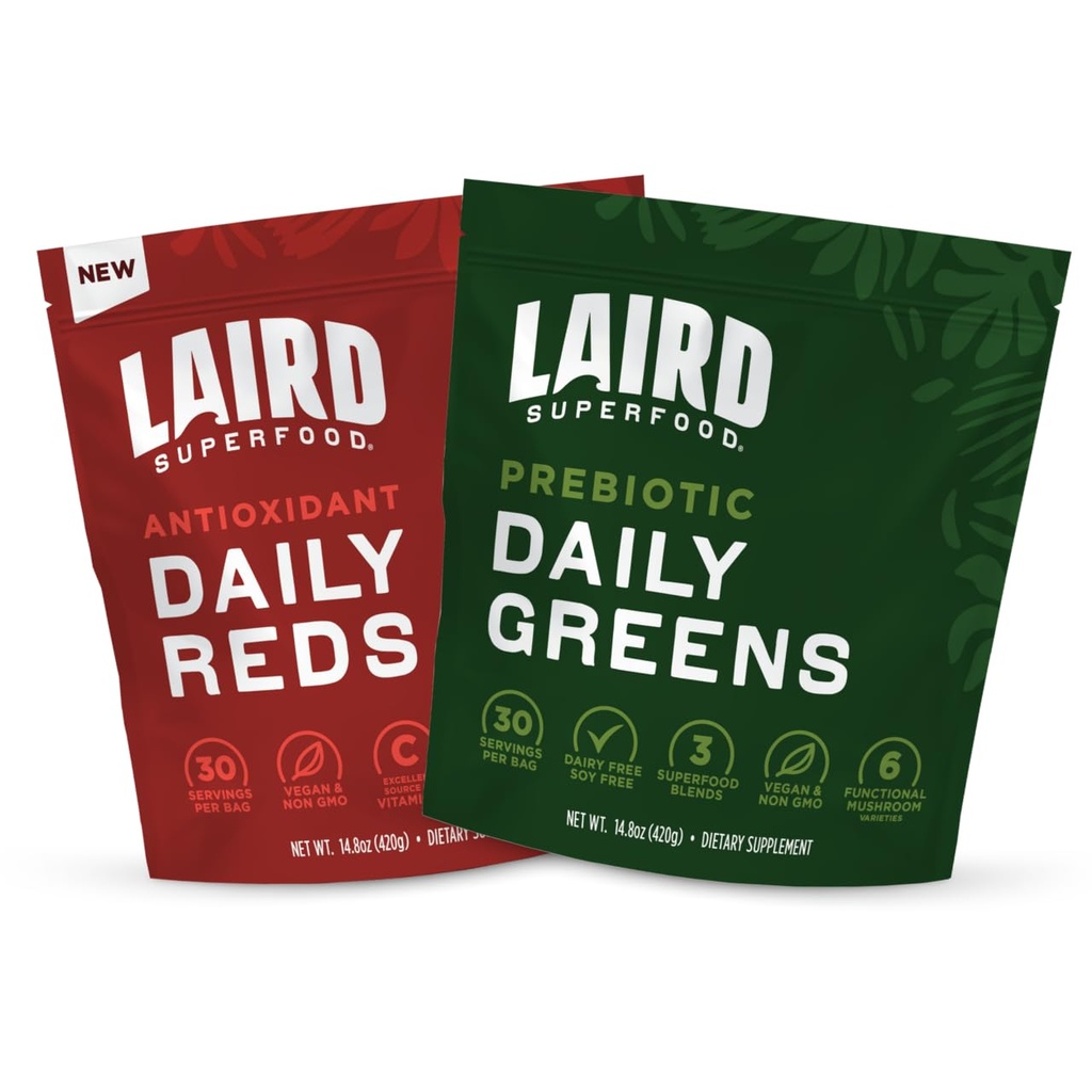 Laird Superfood Reds & Greens Bundle, Prebiotic Daily Greens e Antioxident Daily Reds Powder, 14.8oz