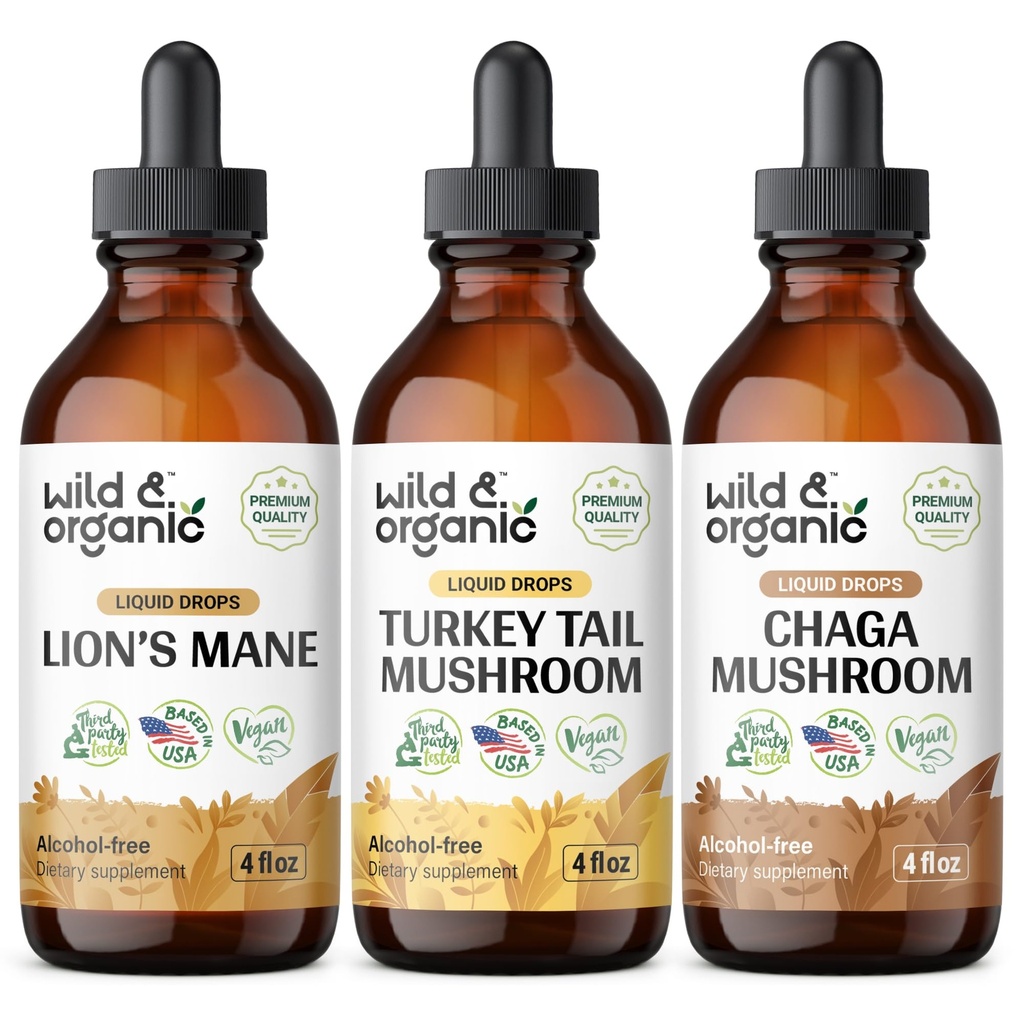 Wild & Organic Lion's Mane, Turchia Tail & Chaga Mushroom Tinctures