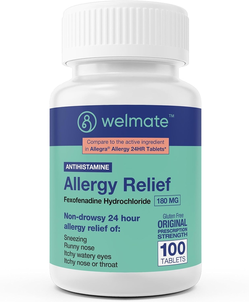 WELMATE - Allergy Relief - Fexofenadine HCl 180 mg - 24 ore Antistamina non dorsale - starnuta - Runny Nose - Itchy Eyes, Nose & Throat - Allergy Relief Tablets - 100 Count