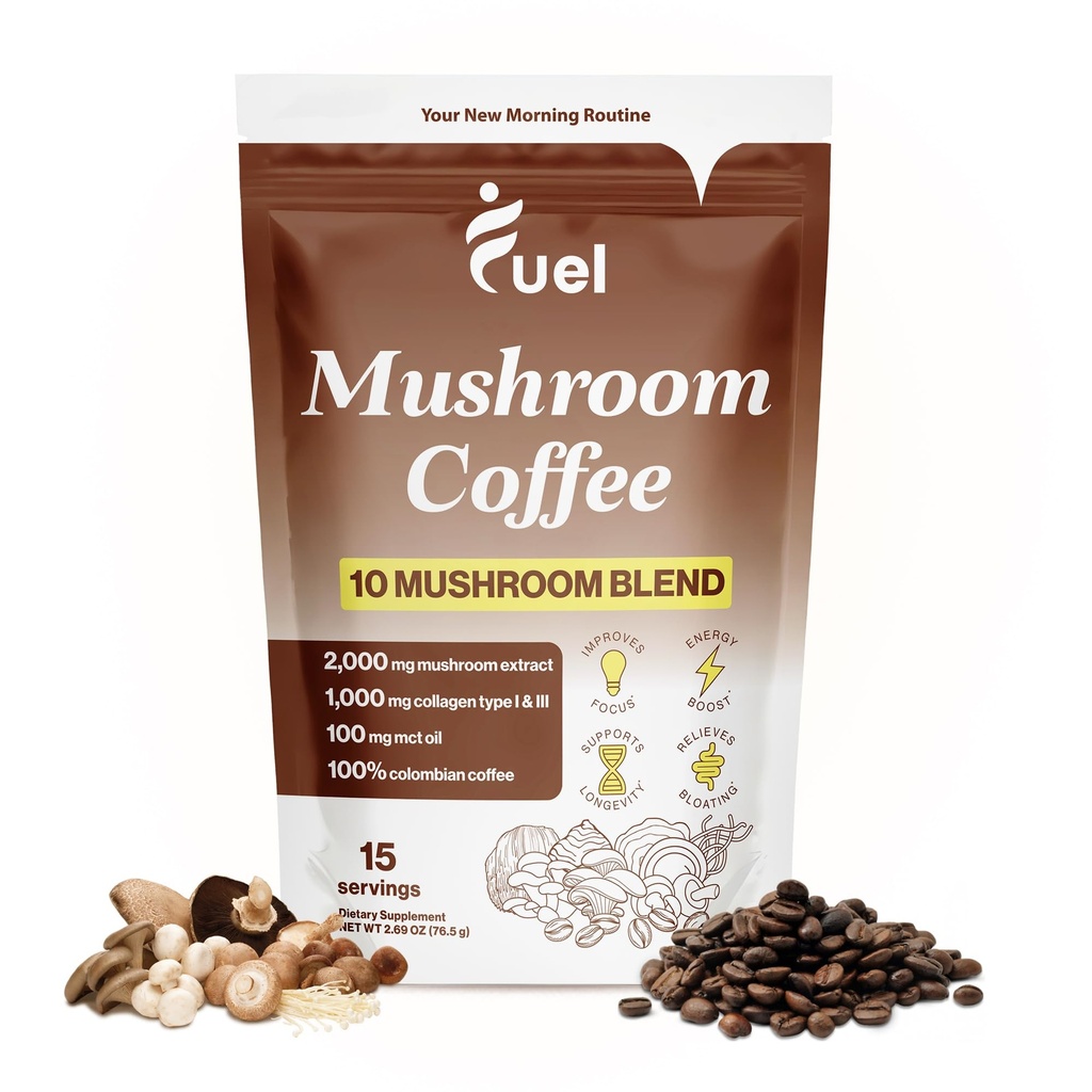 Fuel Nutrition Pro Collagen & Mushroom Coffee for Weight Loss, Lion's Mane, Chaga & Mushroom Powder, Low Caffeine Organic Instant Coffee, 15 Servings