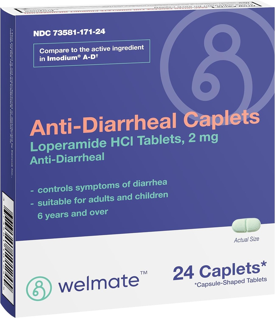 WELMATE - Caplets anti-Diarrheal (24 Caplets) - Loperamide HCL 2 mg - Rilievo del sintomo di diarrea - Reliever di Stomach - Anti Pillole di Diarrea - Farmaci Over-The-Counter