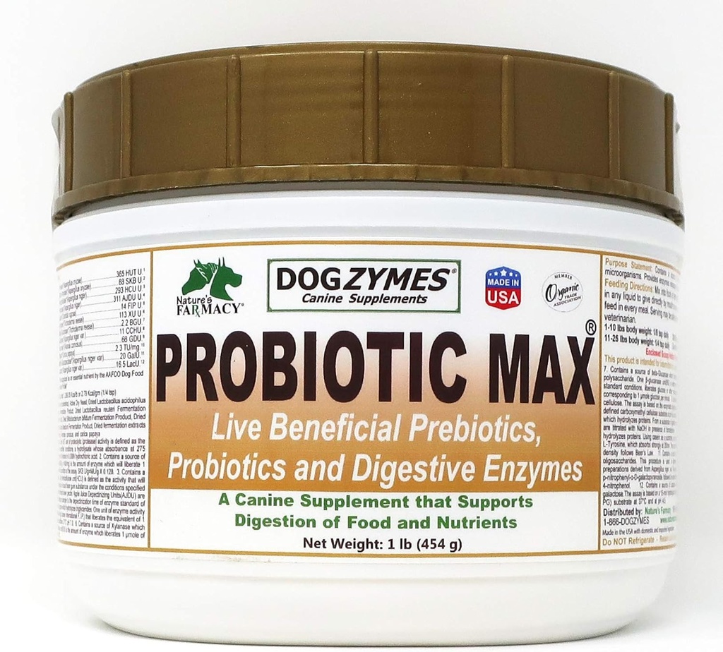 Dogzymes Probiotic Max -10 miliardi di CFU's Probiotics, Prebiotics, Enzimi Digestivi - Allevia Diarrea, Upset Stomach, Constipazione, Gas, Allergia, Immunità & Salute complessiva (1 libbra)