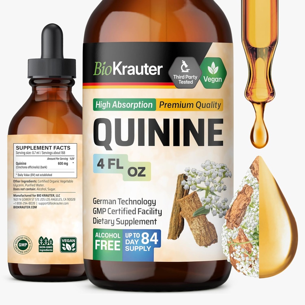 BIO KRAUTER Quinino per Gambe Cramps Tincture - Cinchona Bark Extract - Vegan Quinine Liquid - Alcol & Sugar Free Extract 4 Fl.Oz.