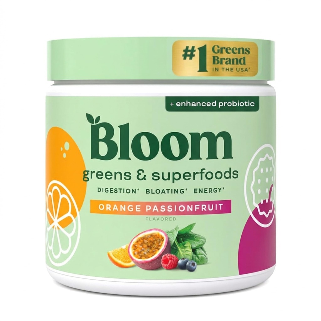 Bloom Nutrition Superfood Greens Powder, Enzimi Digestivi con Probiotici e Prebiotici, Gut Health, Bloating Relief per le donne, Chlorella, succo Mix w/Beet Root Powder, 30 SVG, Arancio Passionfruit