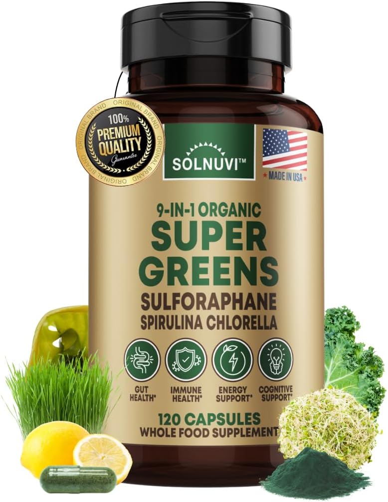 Organic Super Greens Superfood Capsule Supplemento - Spirulina, Chlorella, Wheatgrass, Kale Powder, Sulforaphane, Antiossidanti - Gut Health, Digestione, Energia, Supporto per l'immunità - 120 capsule vegane