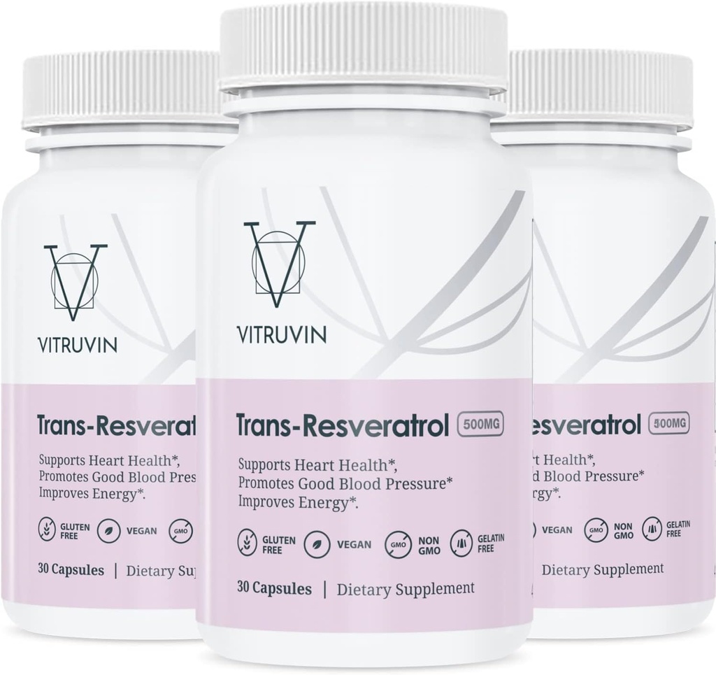 Vitruvin Trans-Resveratrolo 500mg, 3 bottiglie Pack, Vegan, Non OGM, Senza glutine, Gelatin-Free.