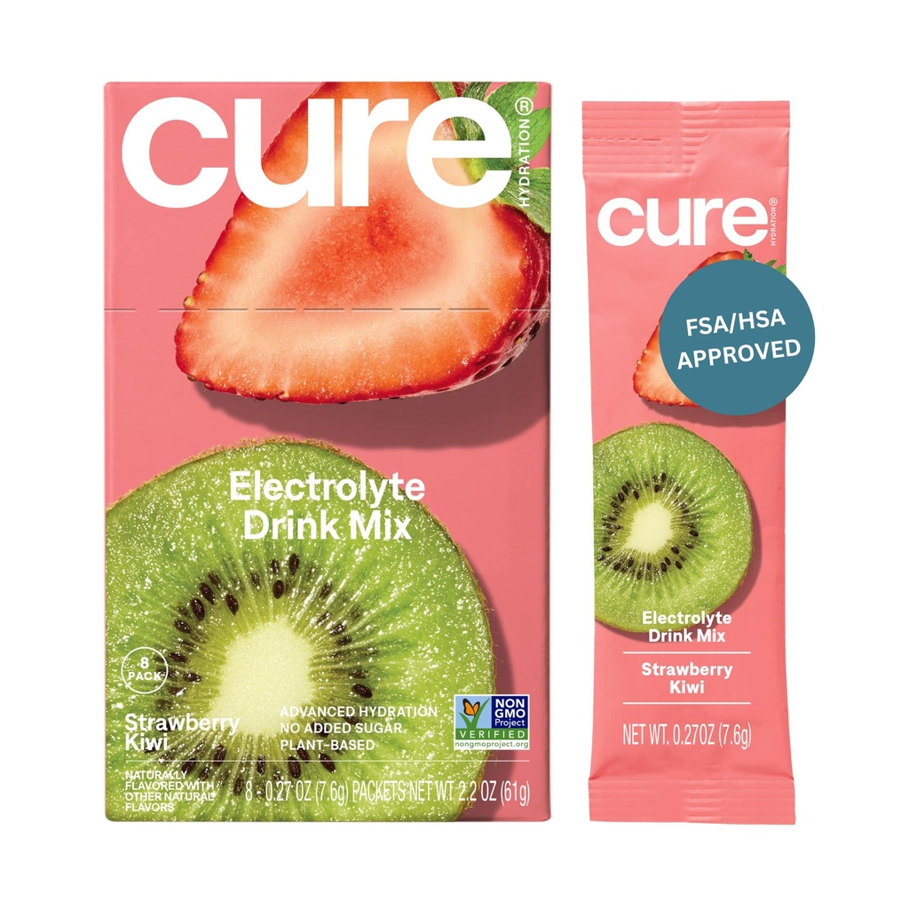 Cure Hydration | Miscela elettrolitica a base vegetale | No Aggiunto Zucchero | Polvere di rilievo di disidratazione fatta con acqua di cocco | Non OGM | Vegan | Box di 8 pacchetti - Fragola Kiwi