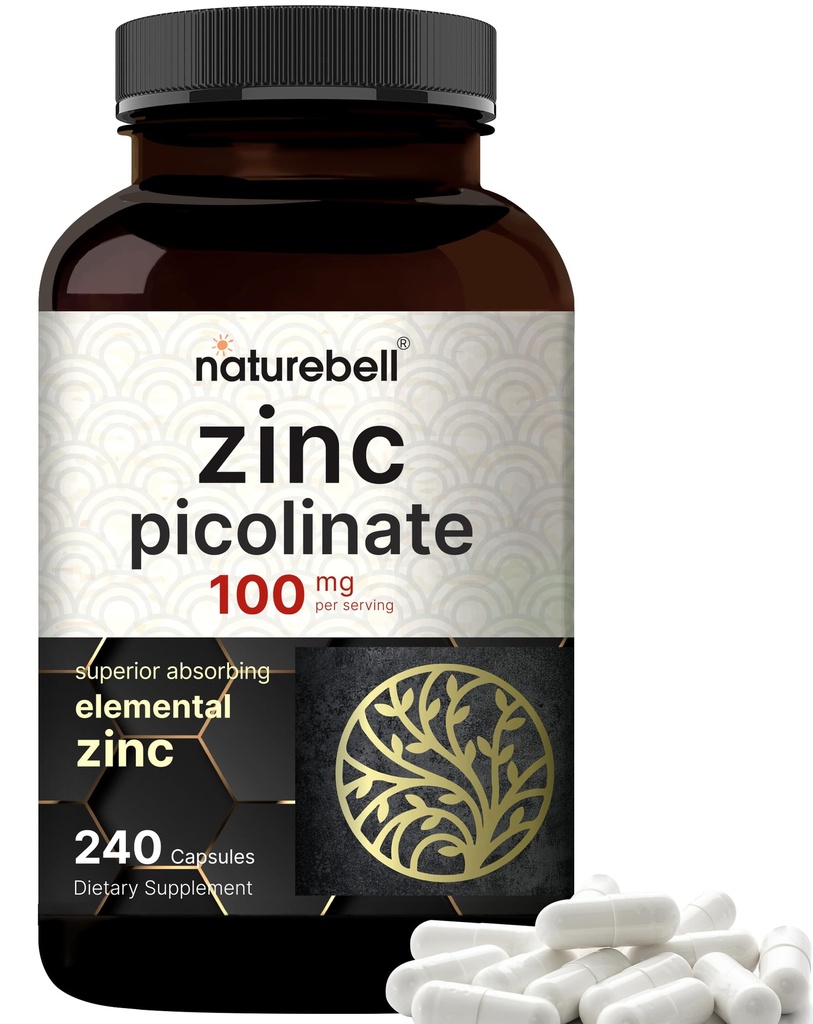 Alta potenza zinco picolinato 100mg - 240 capsule, Biodisponibile forma di zinco per il supporto immunitario e la salute della pelle - Non OGM e Gluten