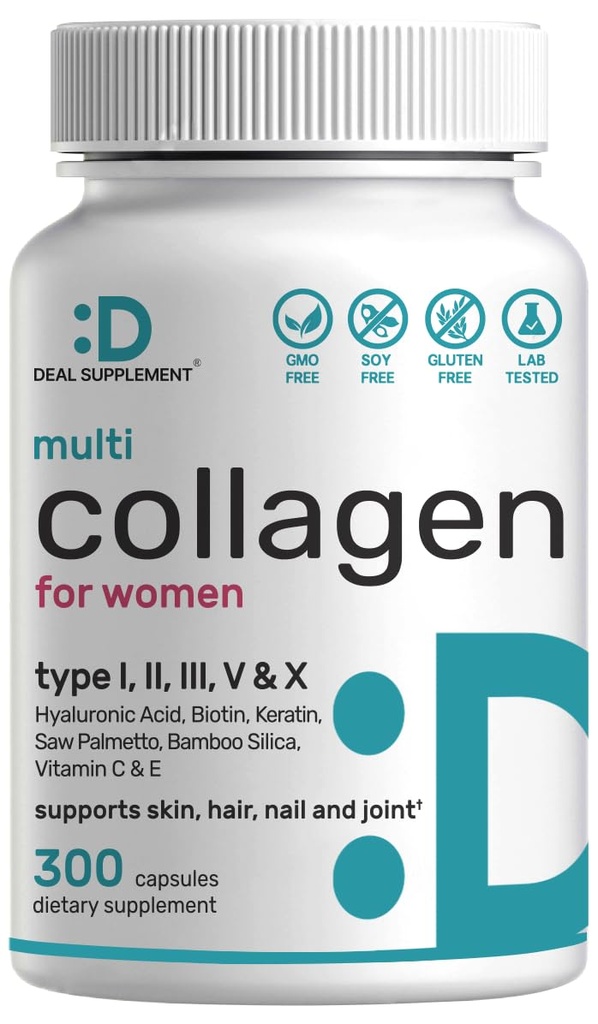 Pillole Multi Collagen con Vitamina C, E & Biotin, 300 capsule – Peptidi di collagene idrolizzati – 11 in 1 Formula con Palmetto Segato, Silica di Bamboo, & Acido Ialuronico – Capelli, Pelle, Unghie e Salute Giunta