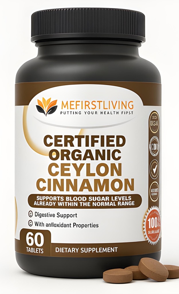 Me First Living Ceylon Cinnamon 1000mg, 100% Cinnamon Ceylon Organico Certificato, Non OGM, Vera Cinnamon, Supporto Metabolismo, Antiossidante - 60 compresse