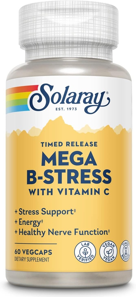 SOLARAY Mega Vitamina B-Stress, Timed-Release Vitamina B Complex con 1000 mg di vitamina C per Stress, Energy, Red Blood Cell & Immune Support, 60 giorni di garanzia, Vegan, 20 Serve, 60 VegCaps