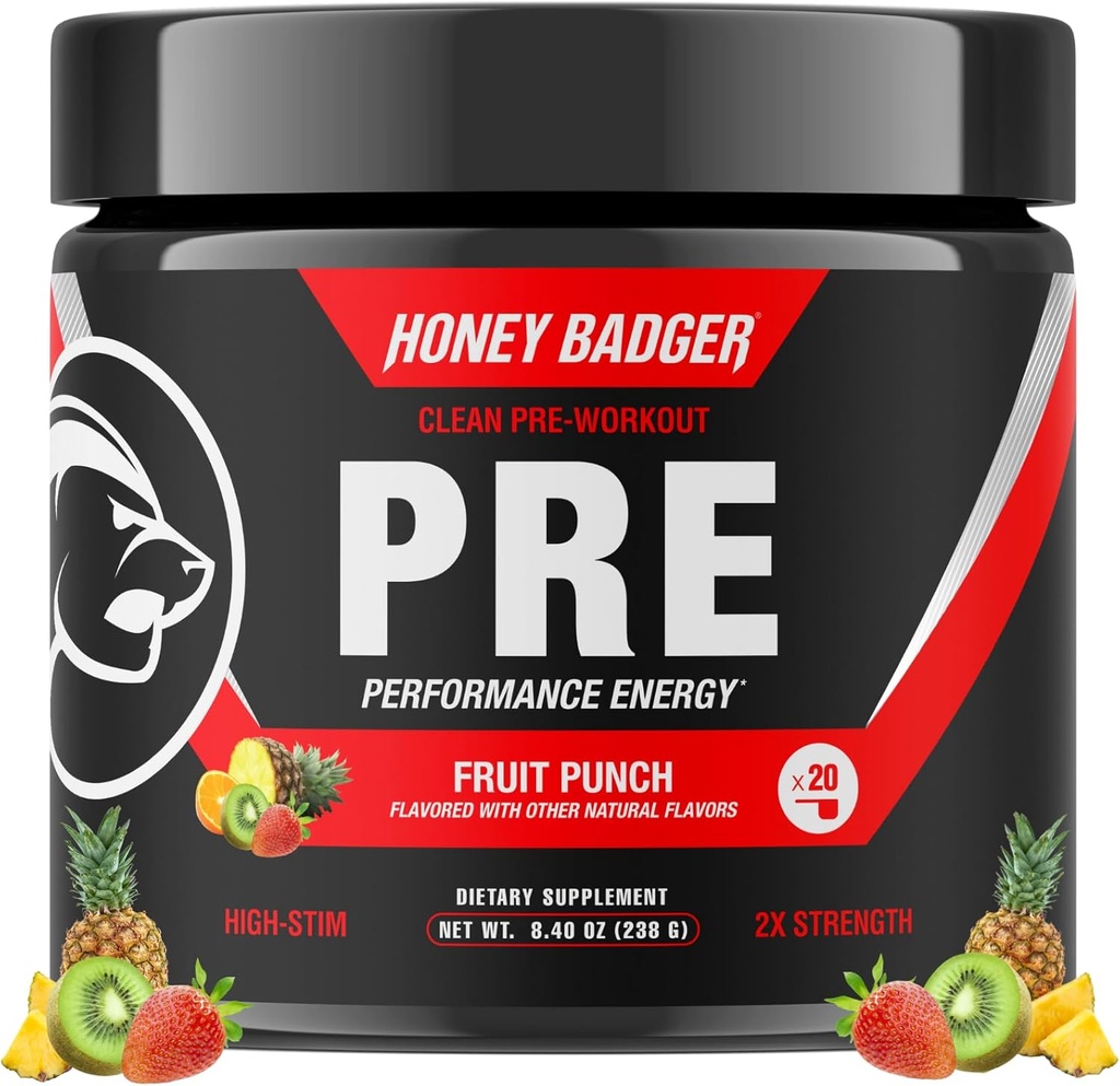 Honey Badger Pre Workout Powder, Keto Vegan Preworkout per gli uomini e le donne, Beta Alanine & Caffeina, Sugar Free Energy Supplement, Fruit Punch (High-Stim)