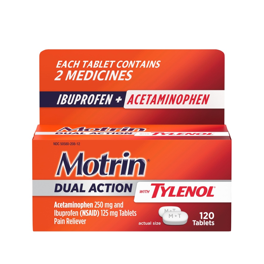 Motrin Dual Azione con Tylenol, Ibuprofene & Acetaminophen Reliever azione rapida per dolori minori e dolori, Ibuprofene (NSAID) 125 mg & Acetaminophen 250 mg, 120 ct
