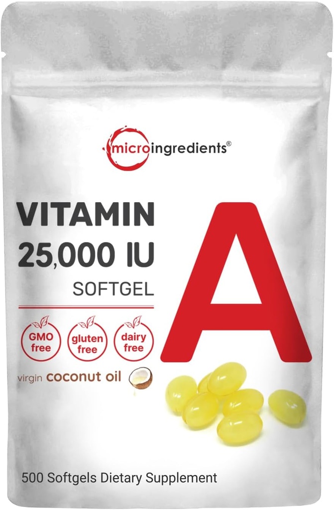 Vitamina A 25000 IU | 500 Softgels con olio di cocco per un migliore assorbimento | Vitamine essenziali per la visione, la crescita e la riproduzione | Non OGM, Facile da ingoiare