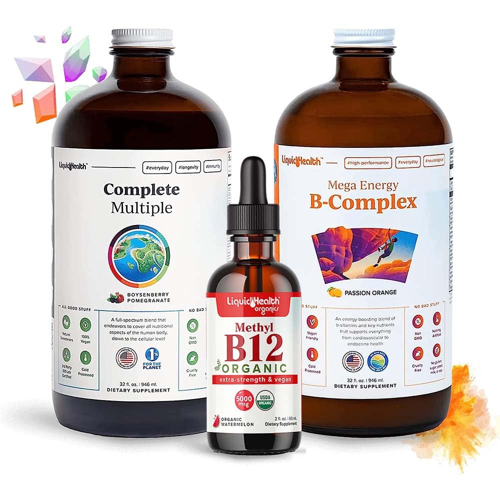 LIQUIDHEALTH Bundle di vitamina ad alte prestazioni per gli adulti con Mega Energy B-Complex, Multivitaminico completo & Vitamina B12 Gocce - Aumentare l'energia naturale e migliorare le prestazioni atletiche