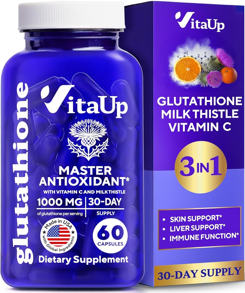 Ridotto Glutathione Supplemento 1000mg - USA Made Glutathione Capsules con Vitamina C & Milk Thistle for Liver Care, Skin Support & Immune Well-Being - 60 Count