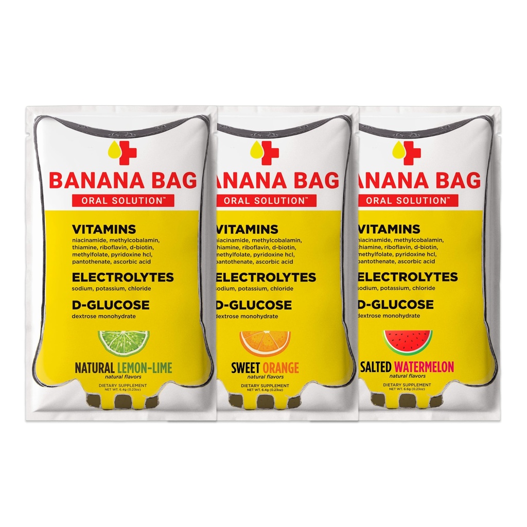 Banana Bag Oral Solution Packets – Variety Pack 6pk | Una miscela rinfrescante di elettroliti, vitamina C e B-Complex | Realizzata per l'idratazione e un aumento quotidiano in qualsiasi momento, a casa, lavoro, o su The Go