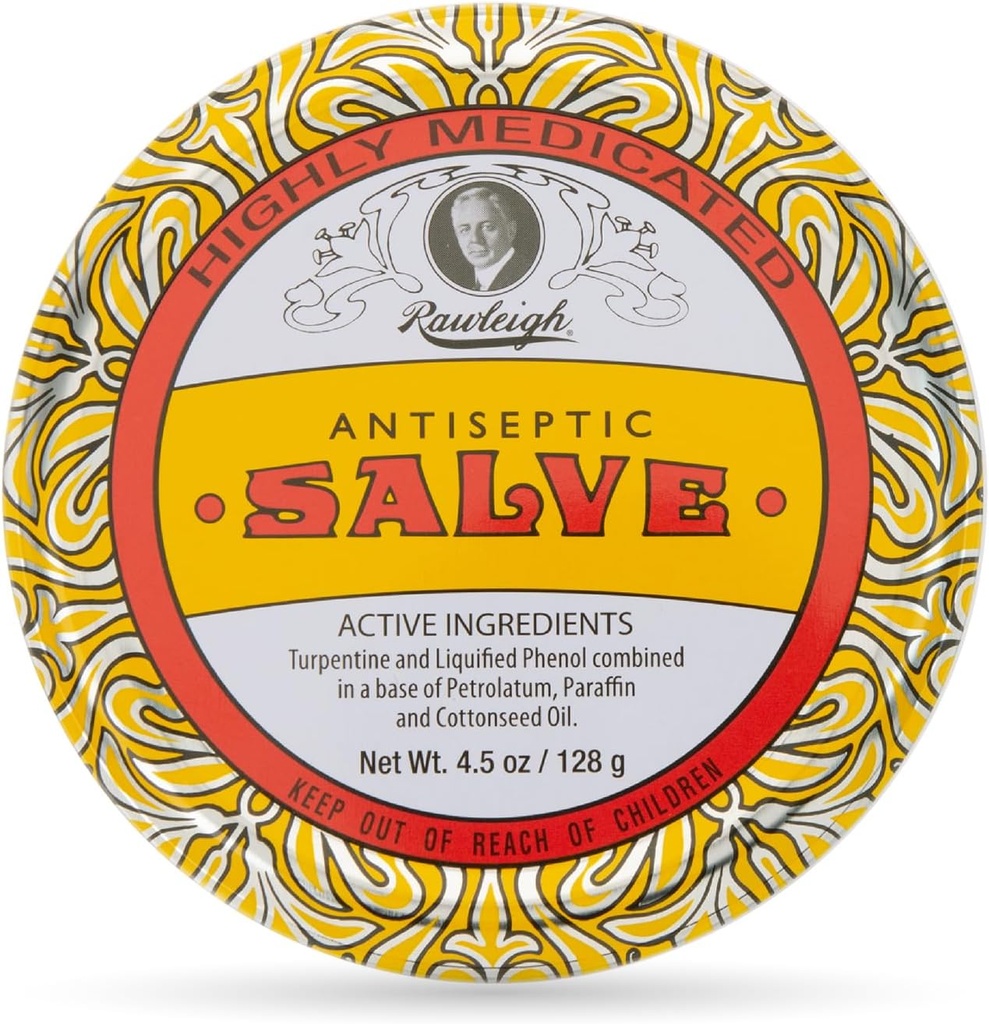 Rawleigh Antiseptic Salve Iconic Yellow Big Tin: 4.5 oz, Naturale, Multi-Purpose Ointment Soothes Skin Cuts, Bruises, Irritazioni, con Turpentine, Phenol, Cottonseed Oil, Original Formula - Confezione da 1