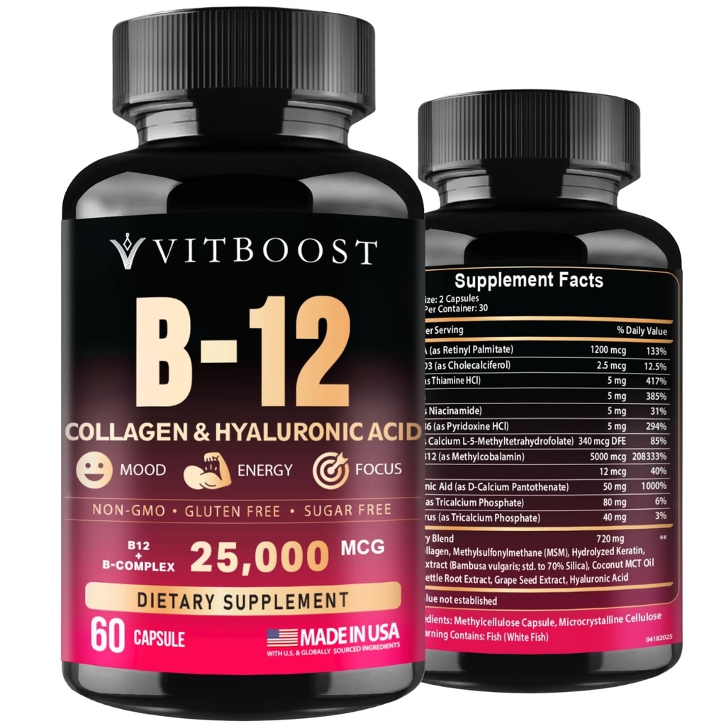 B12 con acido ialuronico, collagene e follia – 25000 mcg B12 Complex | massimizzare l'assorbimento e l'energia | Gluten Free USA Made, B1, B2, B3, B6, B7, B12 Vitamine 5000 mcg Methylcobalamin - 60 Capsule