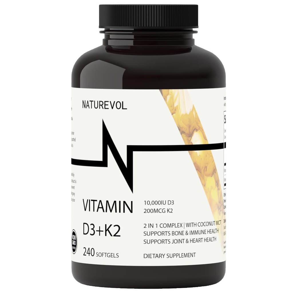 Vitamina D3 + K2 con olio di cocco - D3 10.000 IU & K2 (MK-7) 200 mcg | 2-in-1 Supporto ad alta potenza per la salute Bone & Immune | Facile da ingoiare | Non OGM, Gluten & Soy Free - 240 Softgels