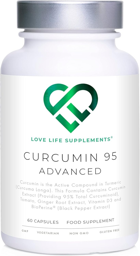 Curcumina 95 Avanzata, 60 capsule, Curcumina ad alta resistenza (The Active Component of Turmeric) con 95% Curcuminoidi + BioPerine® (estratto di pepe nero), vitamina D, radice di pomodoro e zenzero, GMP approvato