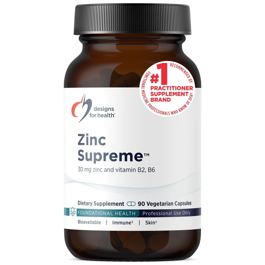 Design per la salute Zinc Supreme - 30mg Zinc Bisglycinate Chelate Supplemento con cofattori Taurina, Vitamina B6, B2 + Molibdeno - Integratore di supporto immunitario - Vegan + Non OGM (90 capsule)