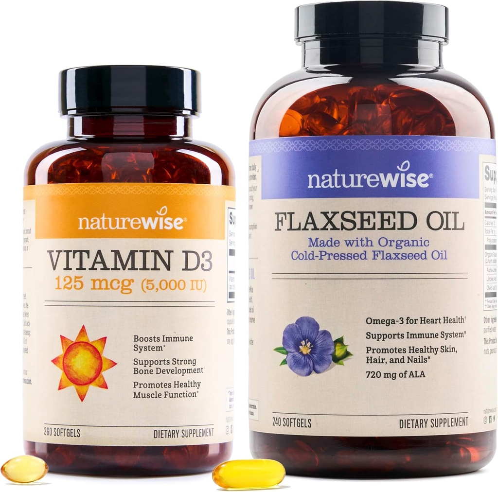 NatureWise Vitamina D3 5000iu (125 mcg) 1 anno di fornitura per la funzione muscolare sana, e supporto immunitario Olio di lino organico Max 720mg ALA | Olio di Flax Omega 3