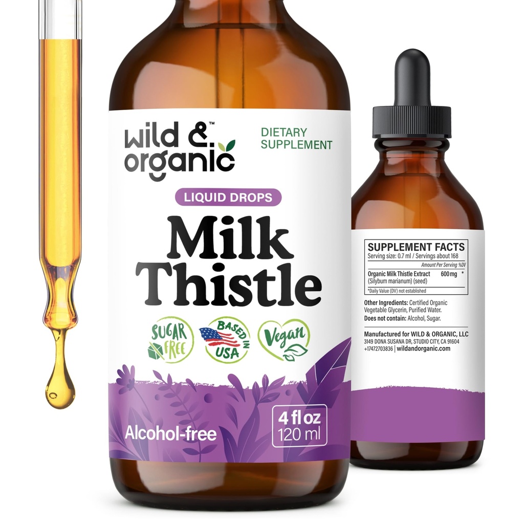 Wild & Organic Milk Thistle Liquid Drops - Detox per la pulizia del fegato - Silymarin Milk Thistle Supplemento per il supporto del fegato - Aggiungi al tè - Silybum Marianum Seed Extract Tincture - Sugar & Alcohol-Free - 4 oz