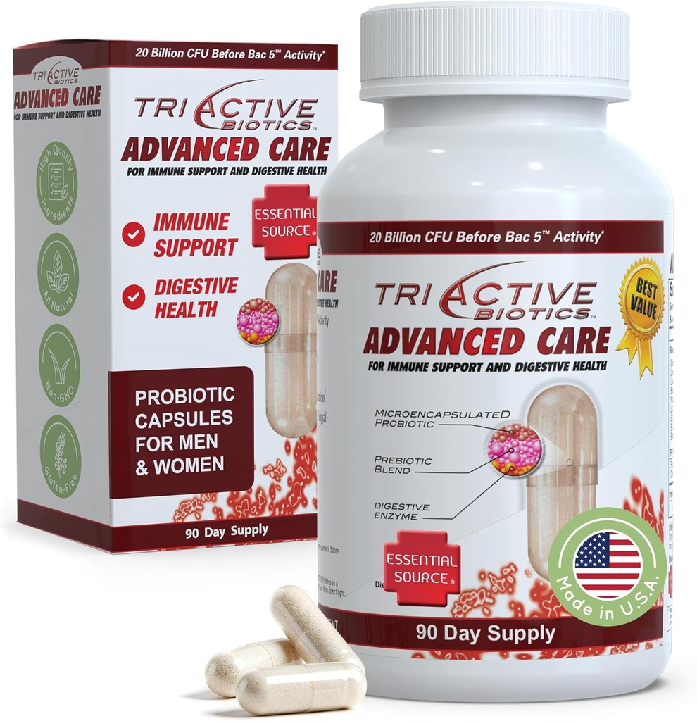 Essential Source TriActive Biotics Advanced Care - 20 miliardi di CFU Probiotici per la salute digestiva, Integratore di supporto immunitario, Probiotici microincapsulati per le donne e gli uomini, capsule da 90 Ct