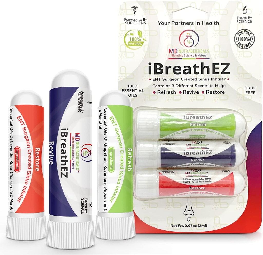 iBreathEZ Nasal Sinus Inhaler Kit Formulato da Chirurghi ENT con oli essenziali per l'energia, lo stress, il decongesting & Cold or Allergy Relief (3 Pack)