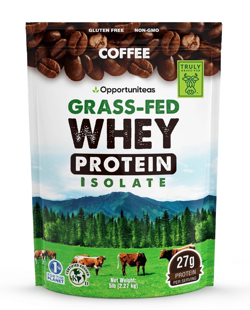 Polvere dell'isolato di proteine del siero del caffè dell'erba di Opportuniteas - polvere di proteine 27g senza dolcificanti artificiali, caffeina 60mg, mucche senza ormoni - 5lb