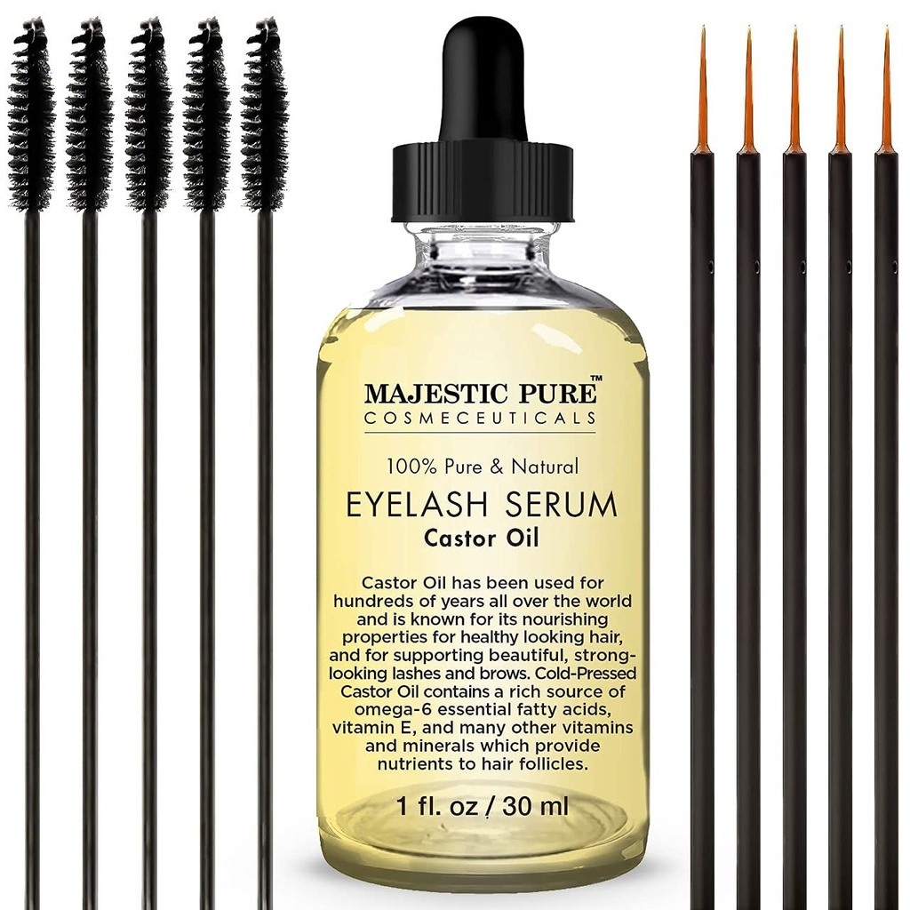 Majestic Pure Castor olio ciglia siero - con Apple & Argan Stem Cells - Siero di crescita per sopracciglia più spessi Ciglia, sopracciglia & capelli - Set gratuito di Pennello Mascara & Eyeliner Applicatore - 1 fl oz